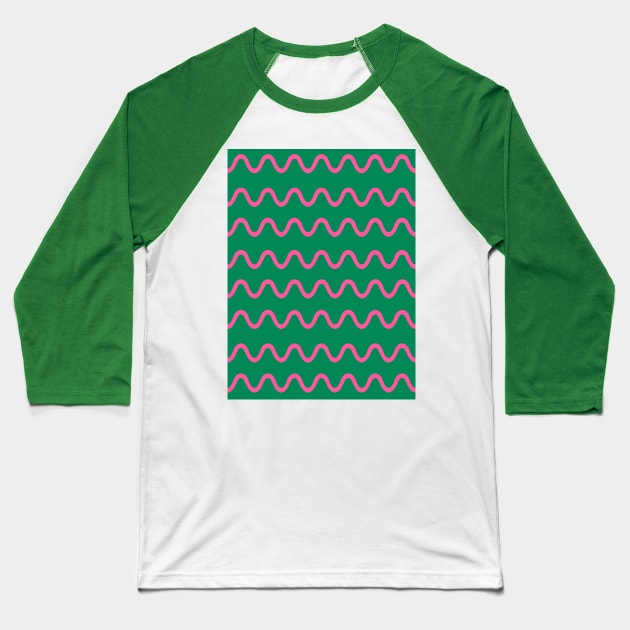 Wavy, Squiggly Lines, Pink on Green Baseball T-Shirt by OneThreeSix